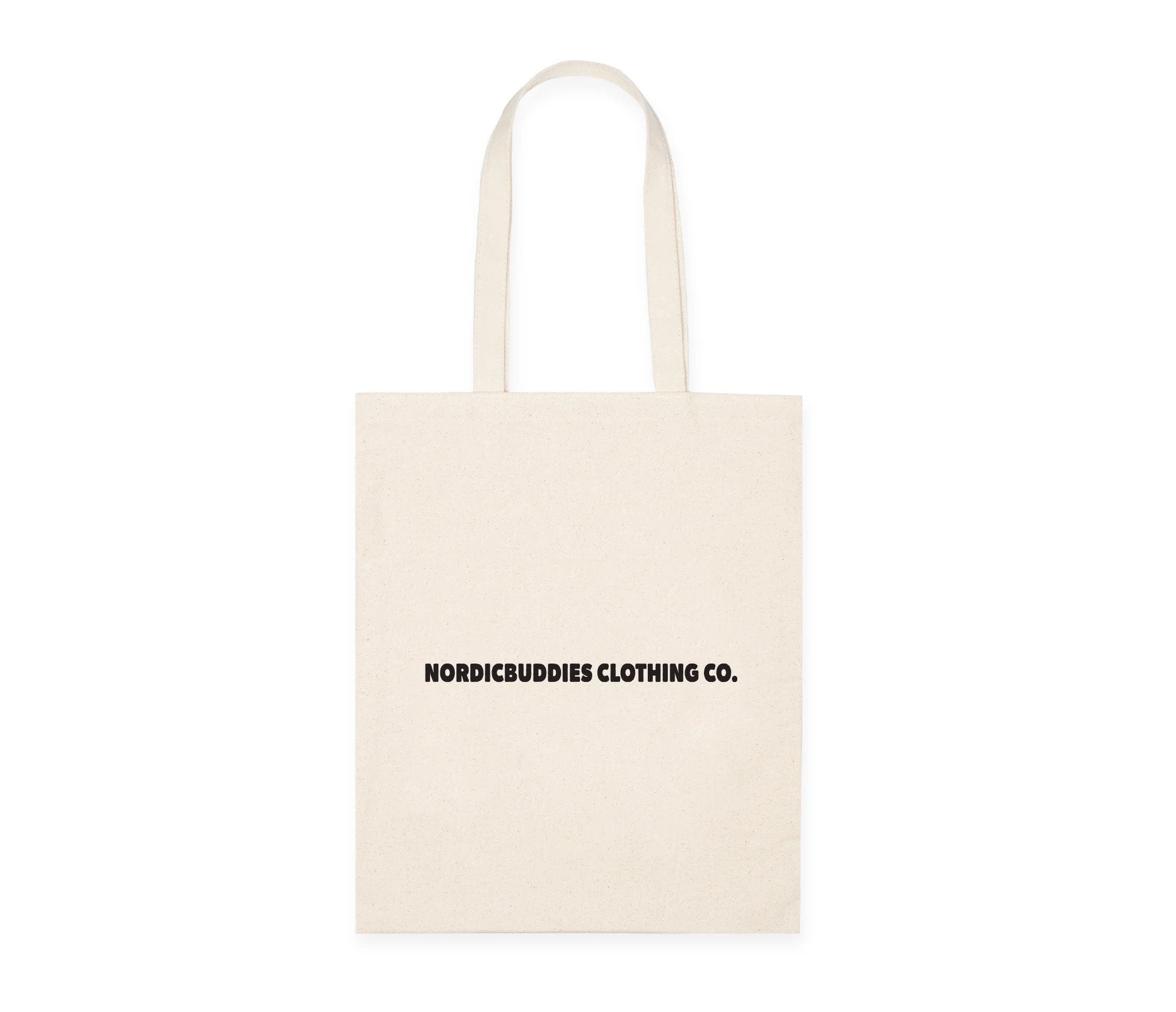2. Back view of Moomin by NordicBuddies beige tote bag with NordicBuddies Clothing Co. text