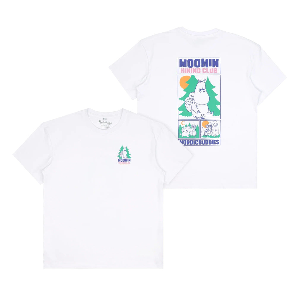1. Unisex white Moomin Hiking Club T-shirt by NordicBuddies with front and back graphic prints, shown flat