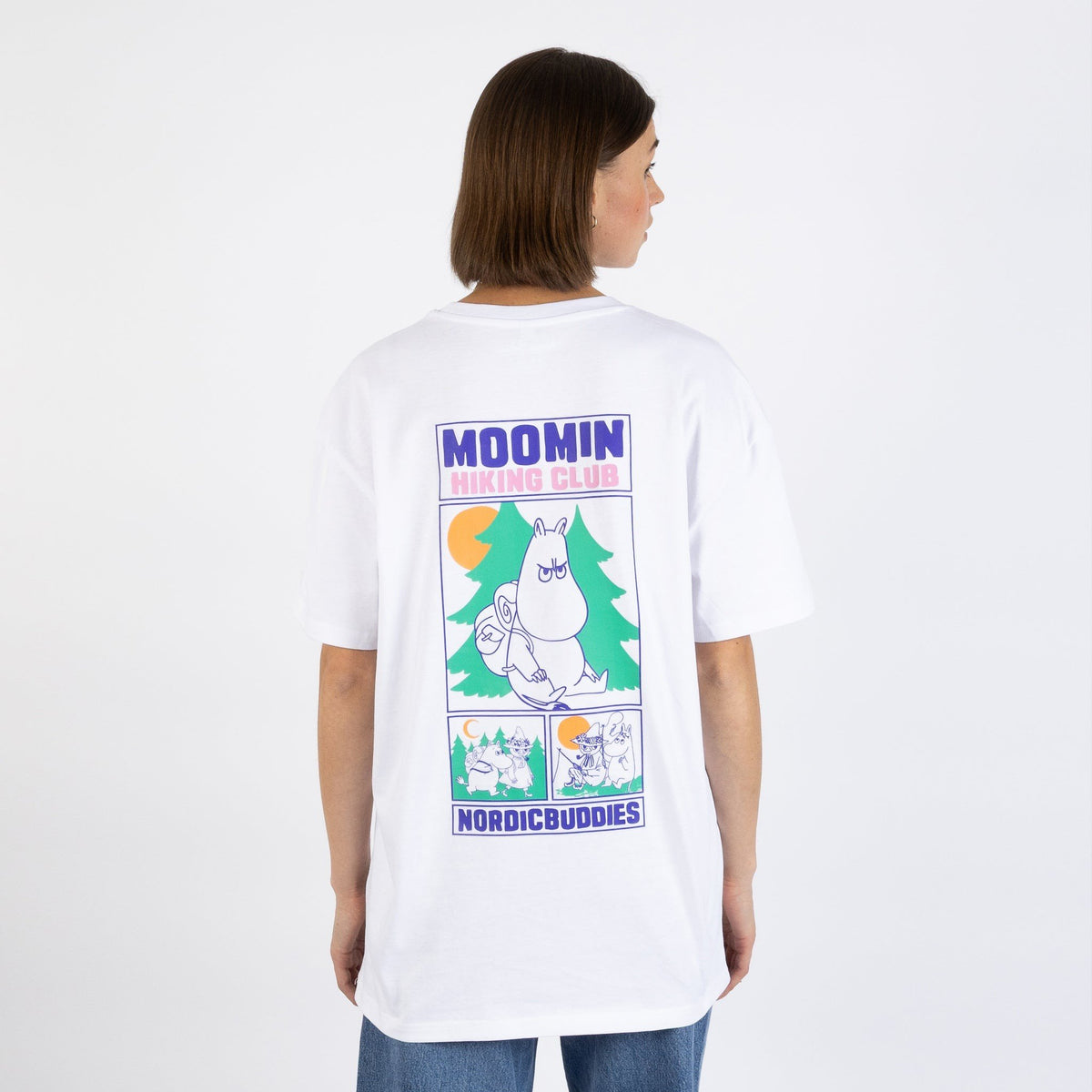 4. Woman wearing white Moomin Hiking Club T-shirt by NordicBuddies, showing back graphic print
