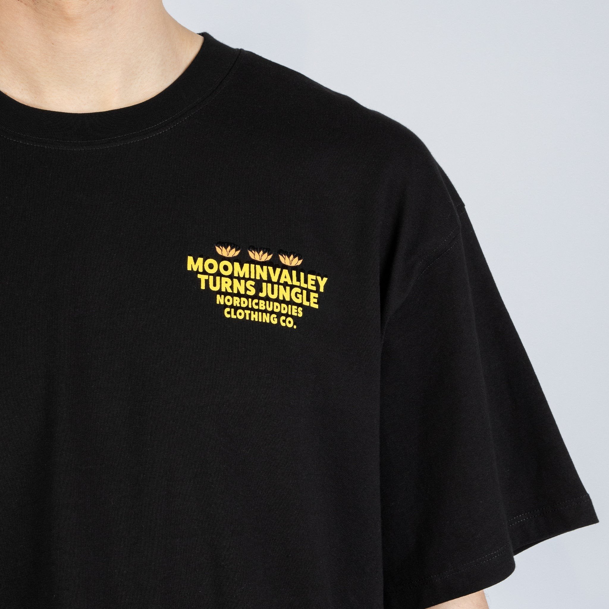 6. Close-up of Moomin Jungle t-shirt front logo with NordicBuddies branding