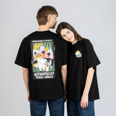 1. Unisex black Moomin Jungle t-shirt worn by male and female models, featuring bold back design and small front logo