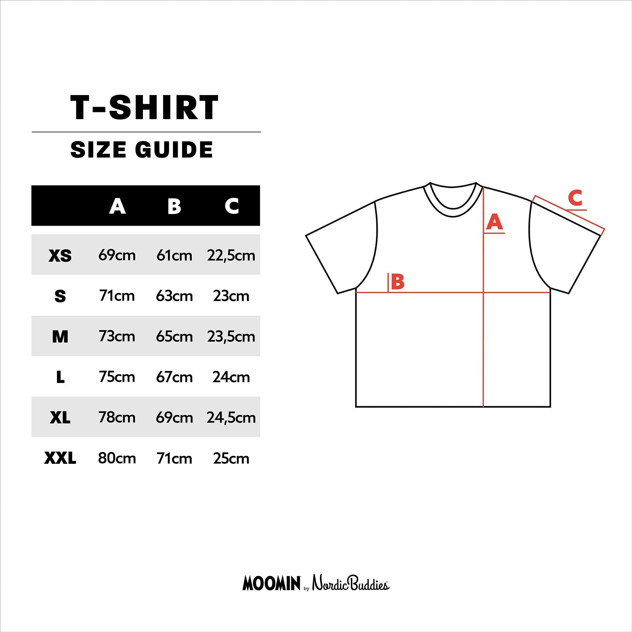 5. Size chart for Moomin unisex t-shirt with measurements for XS to XXL