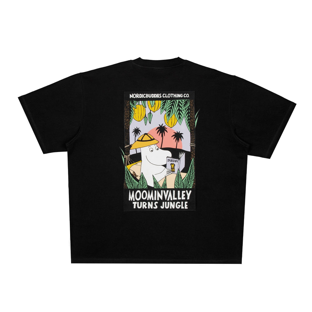3. Male model wearing black Moomin Jungle t-shirt, showcasing large back design in studio