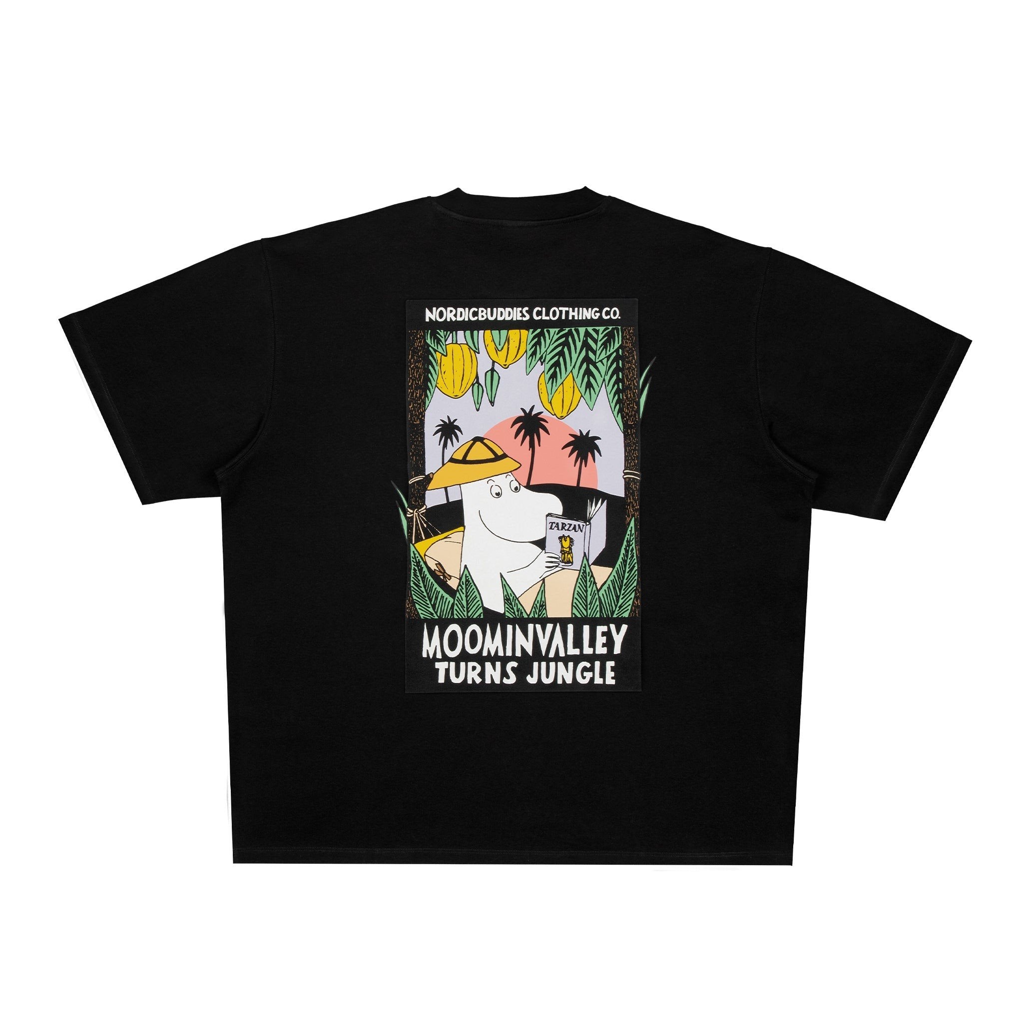 3. Male model wearing black Moomin Jungle t-shirt, showcasing large back design in studio