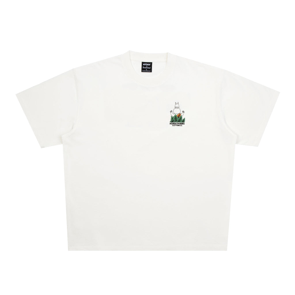 5. Front view of white Moomin Jungle t-shirt featuring small Moomin logo on chest