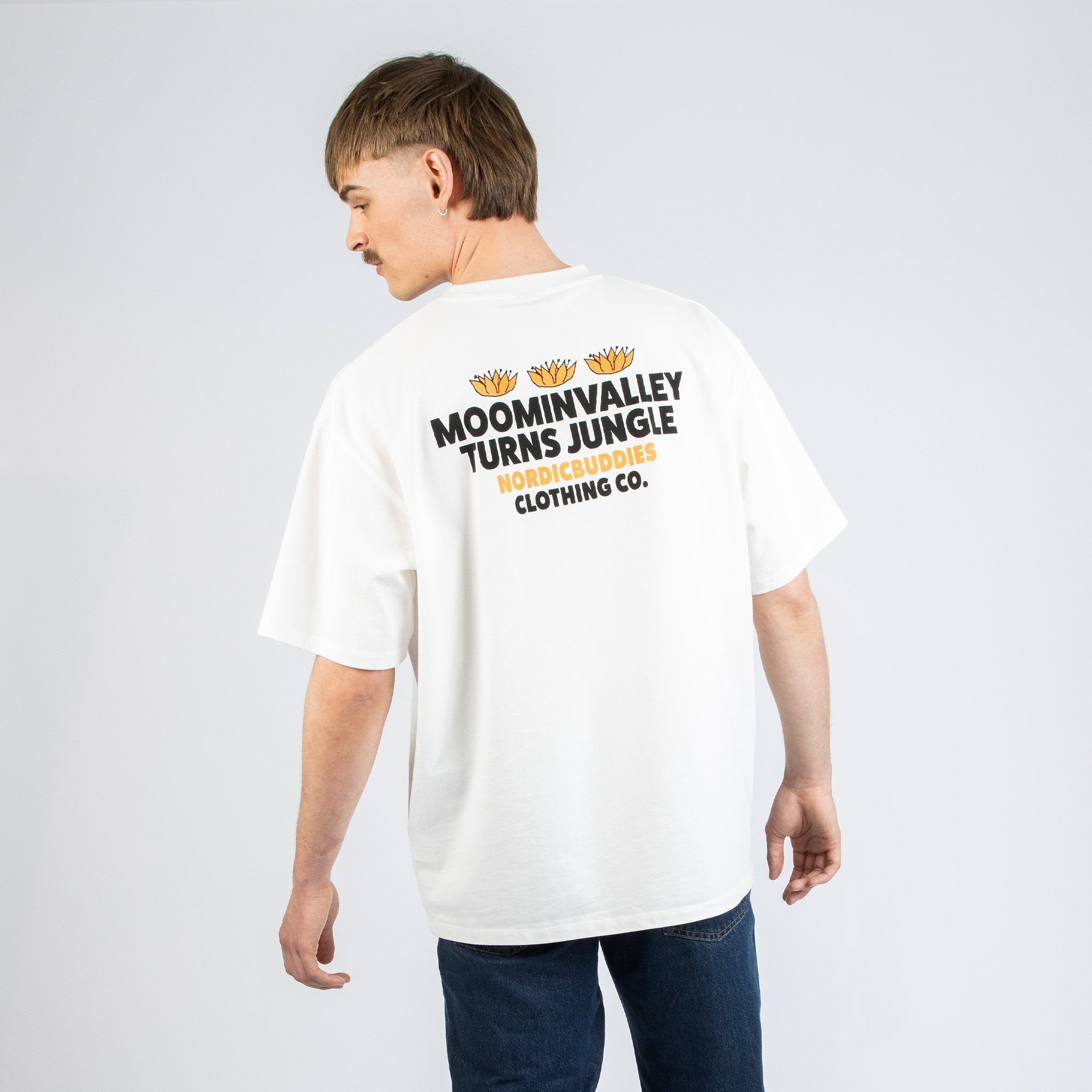 3. Men's white Moomin Jungle t-shirt shown from the back, highlighting bold design in studio