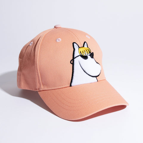 1. Moomin Snorkmaiden kids cap in pink with embroidered character, shown in studio