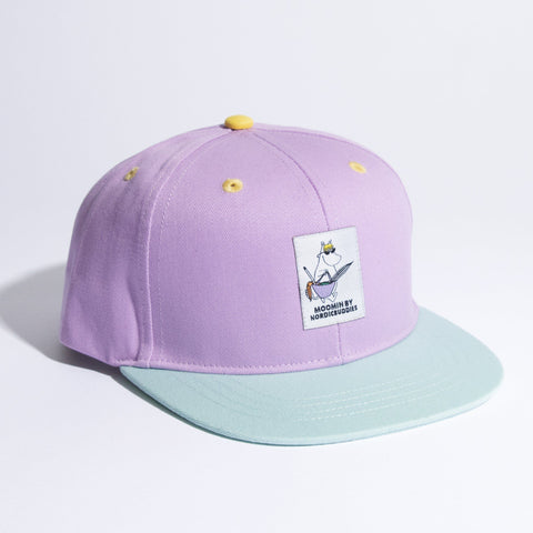 1. Moomin Snorkmaiden kids flat cap in lavender and turquoise, featuring Moomin by NordicBuddies logo, studio shot