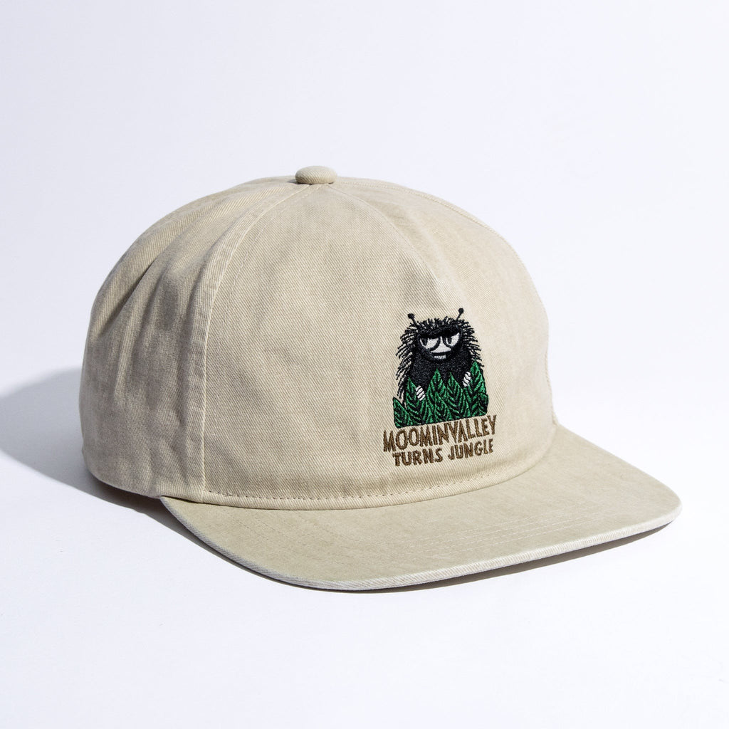 3. Moomin Washed Denim Adult Cap in Denim Beige with embroidered Moominvalley design, studio shot