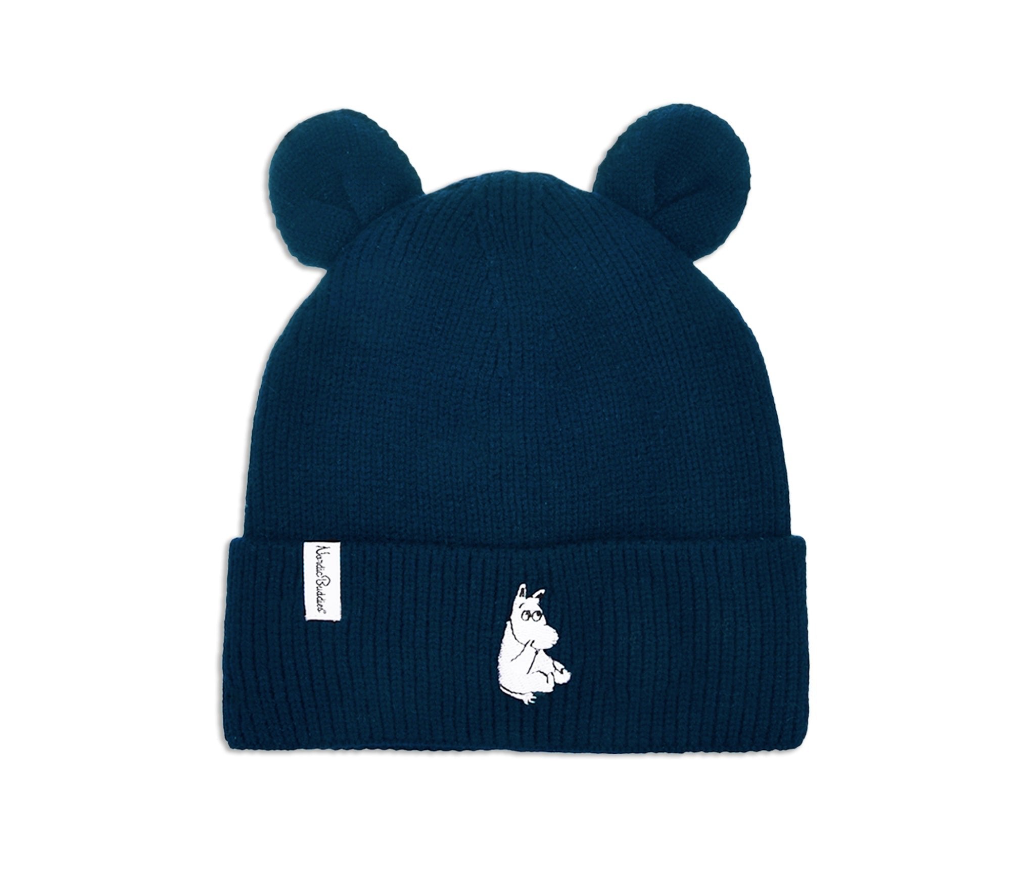 1. Moomin by NordicBuddies kids' navy winter hat with Moomintroll ears, featuring soft fleece lining and flexible fit, shown in studio