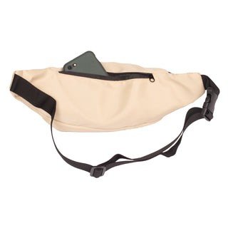 2. Studio shot of Moominpappa beige waist bag with adjustable strap and phone in back pocket