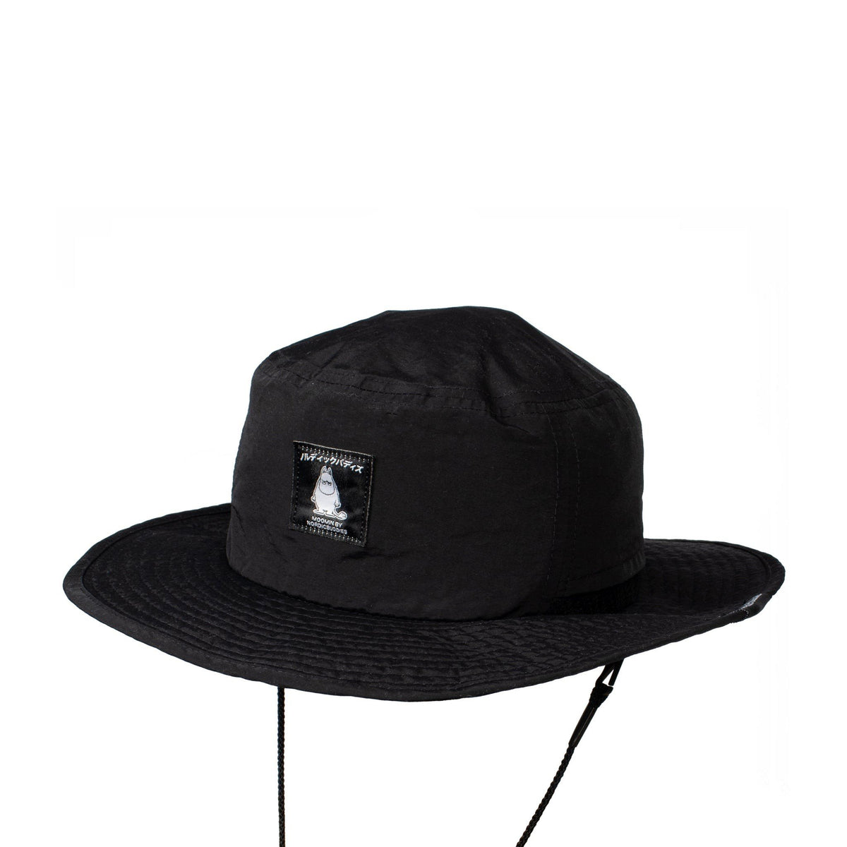 6. Side view of Moomintroll Brimmer Hat in black, highlighting brim and Moomin logo