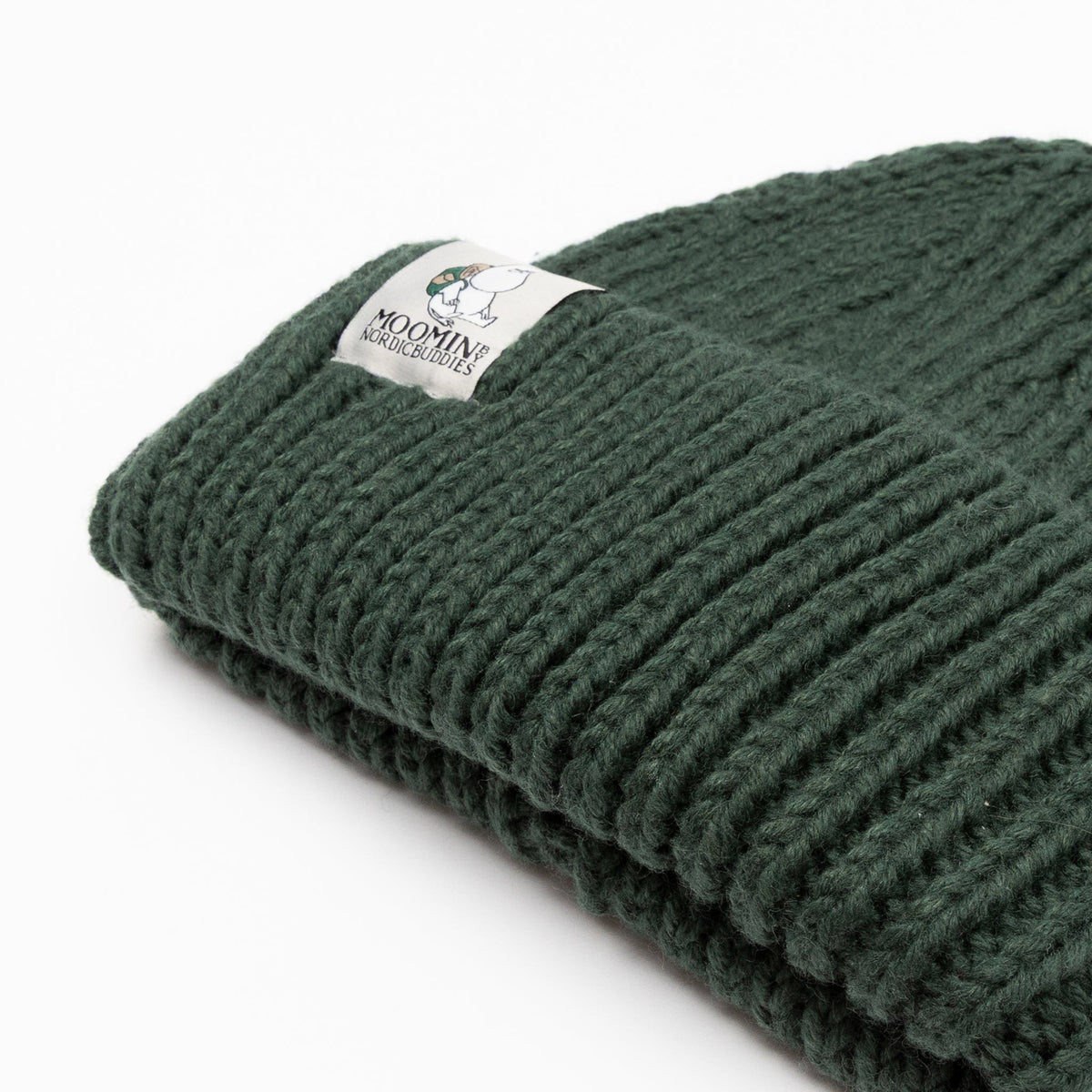3. Close-up of green Moomintroll chunky beanie by NordicBuddies showing ribbed texture and logo patch