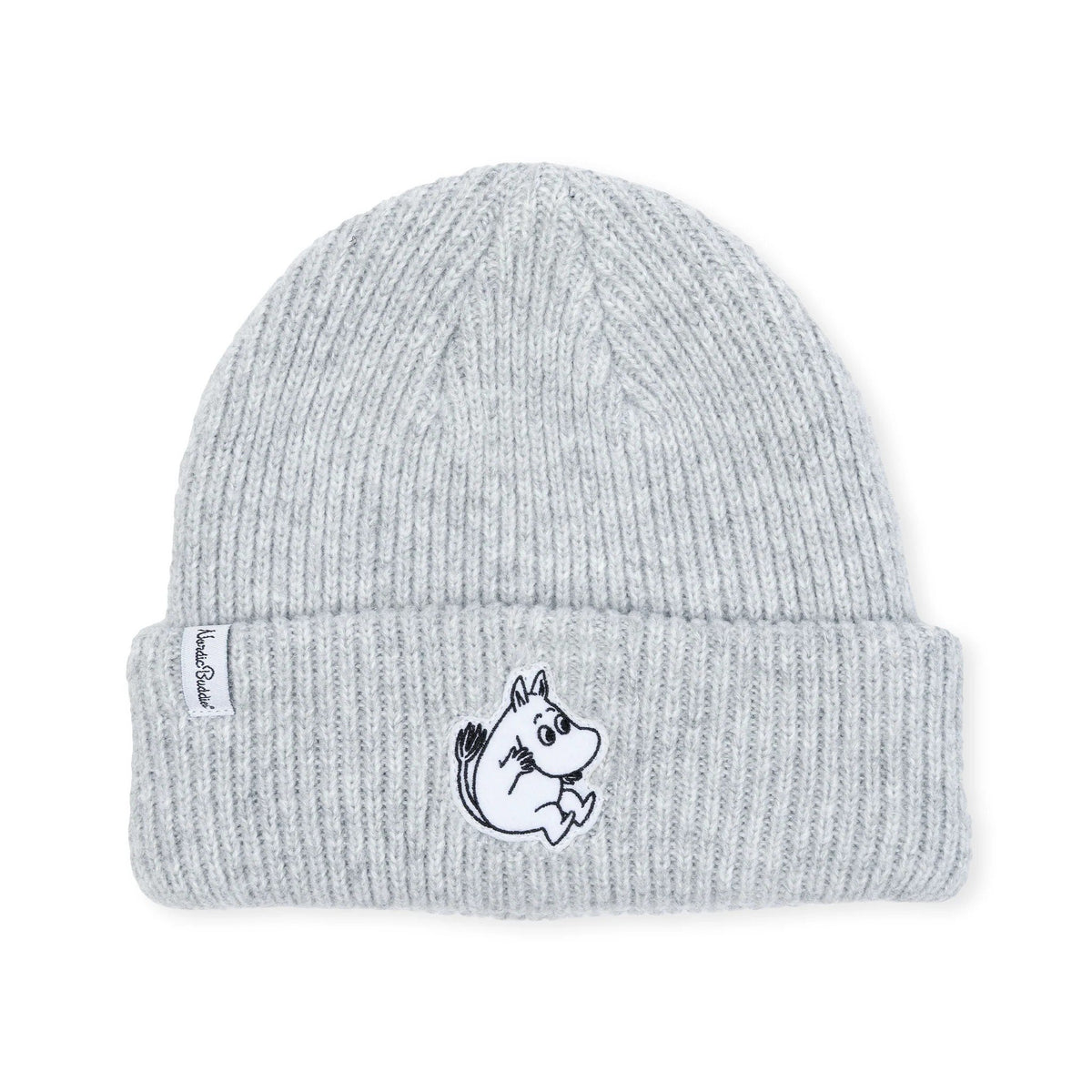 3. Studio shot of grey Moomintroll beanie with felt patch and folded brim, showing NordicBuddies label
