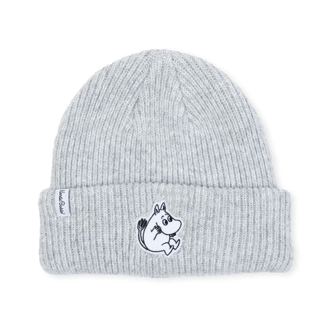3. Studio shot of grey Moomintroll beanie with felt patch and folded brim, showing NordicBuddies label