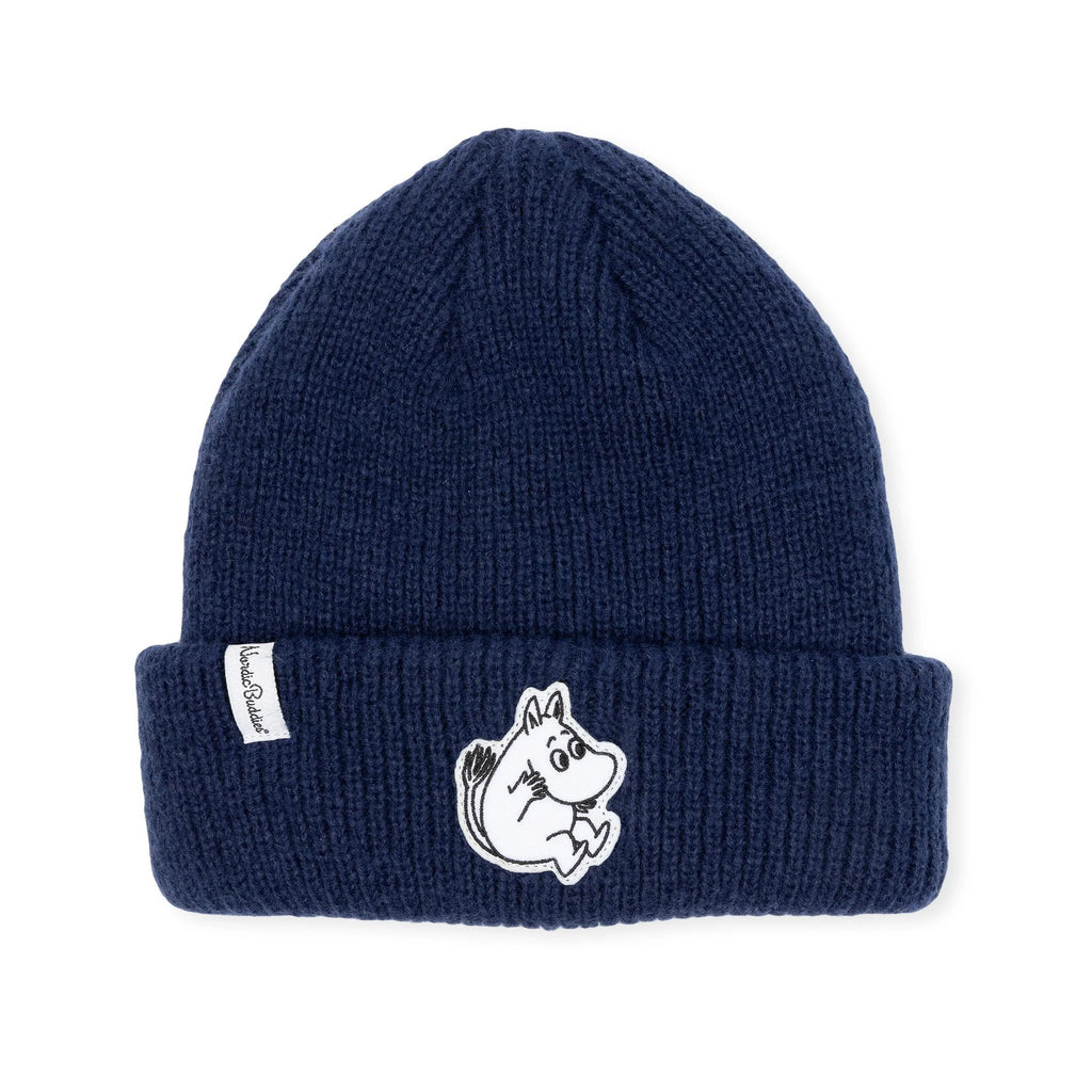 2. Navy Moomintroll beanie for kids with felt patch and NordicBuddies logo on a white studio background