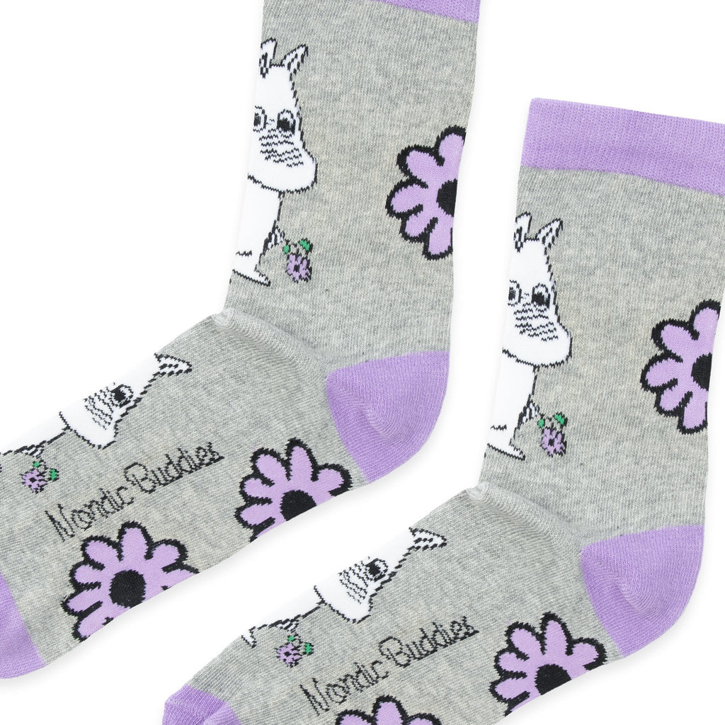 2. Close-up of Moomintroll Flower women's socks in grey with purple accents, highlighting Moomin character and floral pattern