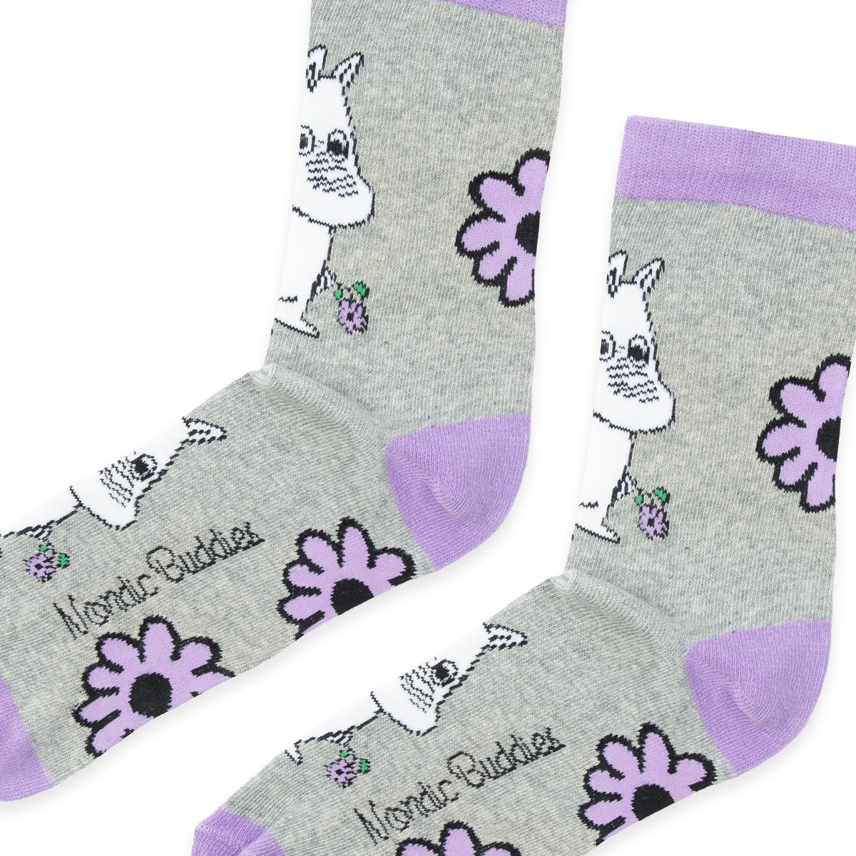 2. Close-up of Moomintroll Flower women's socks in grey with purple accents, highlighting Moomin character and floral pattern