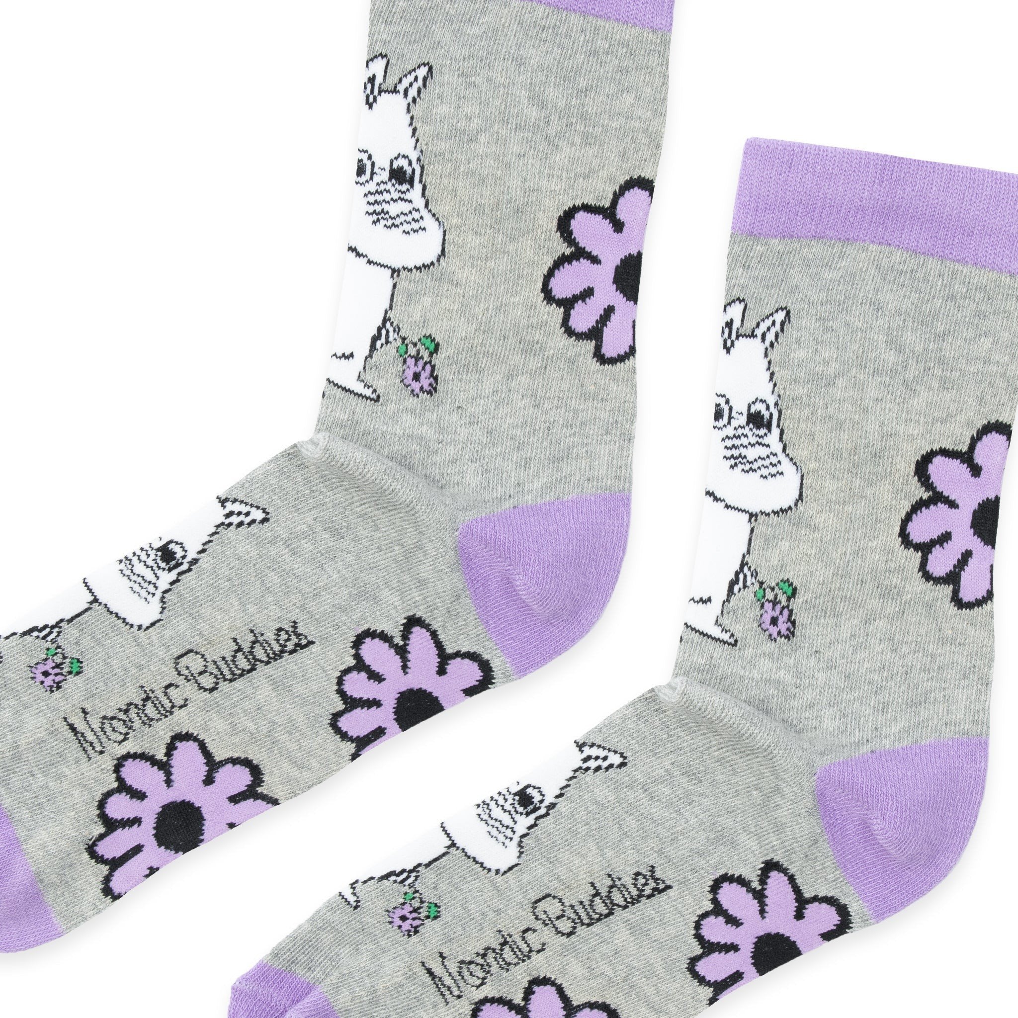 2. Close-up of Moomintroll Flower women's socks in grey with purple accents, highlighting Moomin character and floral pattern