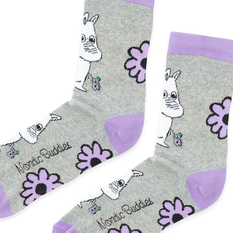 2. Close-up of Moomintroll Flower women's socks in grey with purple accents, highlighting Moomin character and floral pattern