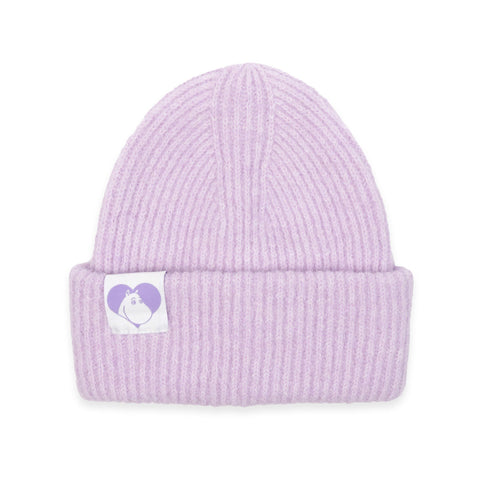 2. Studio shot of lilac Moomintroll fluffy chunky beanie with ribbed texture and Moomin logo patch