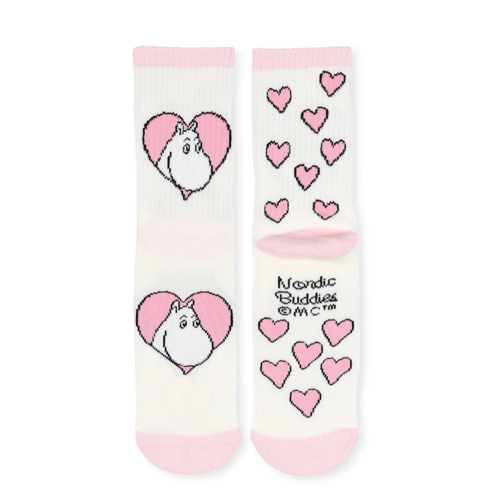 4. White socks with pink hearts and Moomin character, flat lay