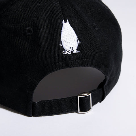 3. Close-up of Moomin by NordicBuddies black dad cap showing adjustable strap and Moomintroll embroidery