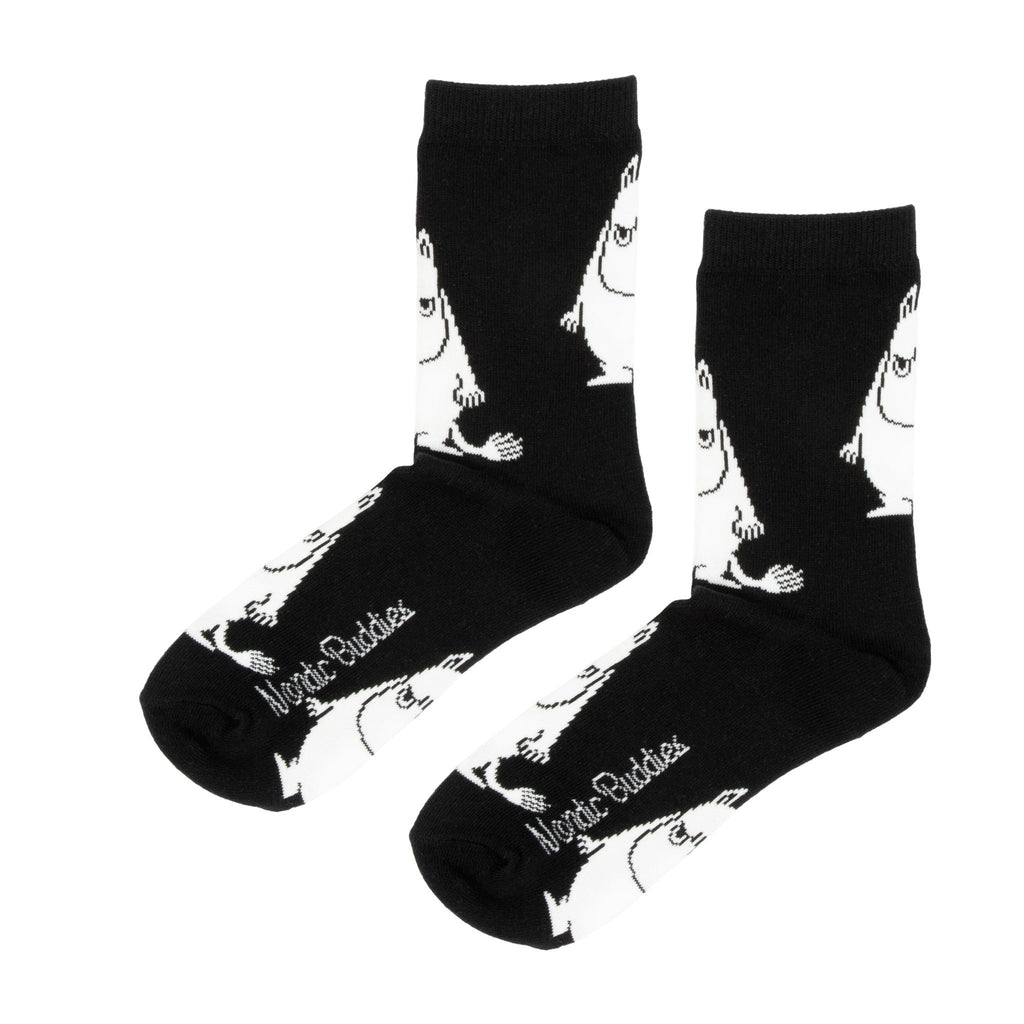 1. Moomin by NordicBuddies black Moomintroll Grumpy men's socks with white character design, shown in studio