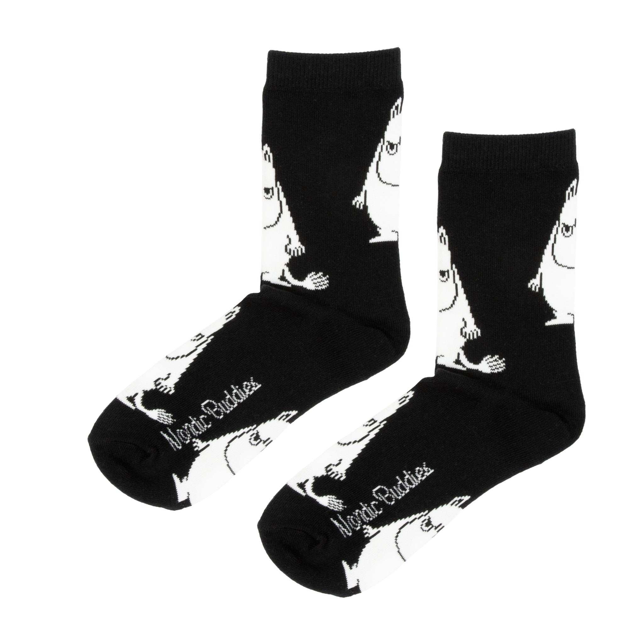 1. Moomin by NordicBuddies black Moomintroll Grumpy men's socks with white character design, shown in studio