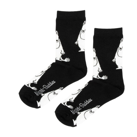 1. Moomin by NordicBuddies black Moomintroll Grumpy men's socks with white character design, shown in studio