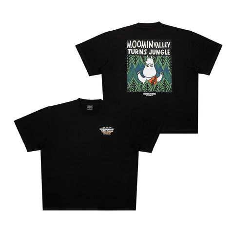 4. Flat lay of black Moomintroll Jungle t-shirt showing front and back design