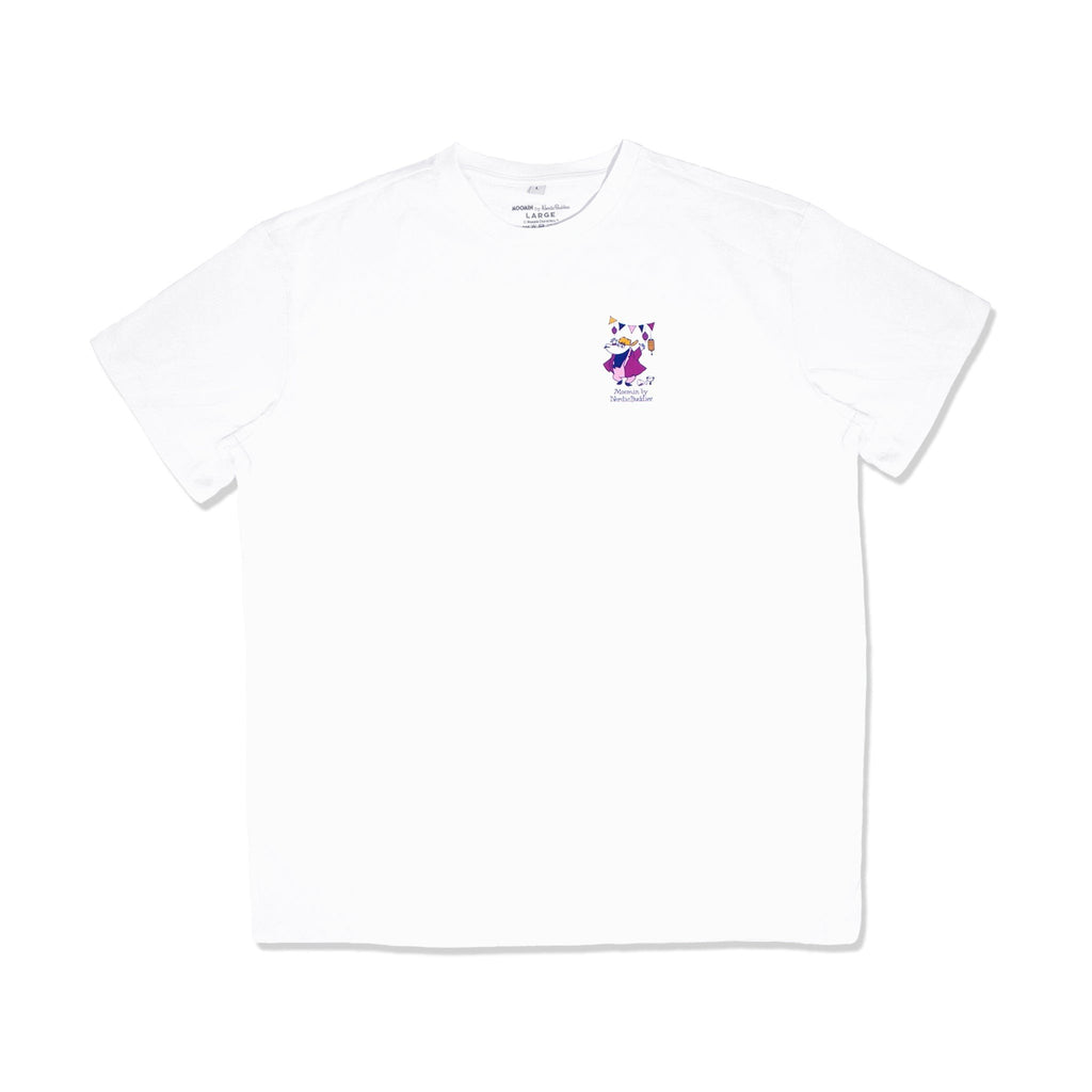 4. Flat lay of white unisex Moomin Party T-shirt with small front print, studio background