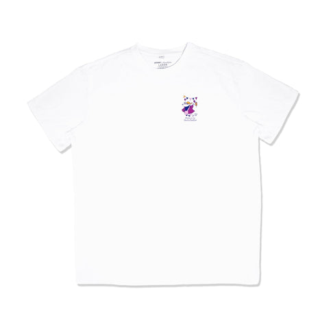 4. Flat lay of white unisex Moomin Party T-shirt with small front print, studio background