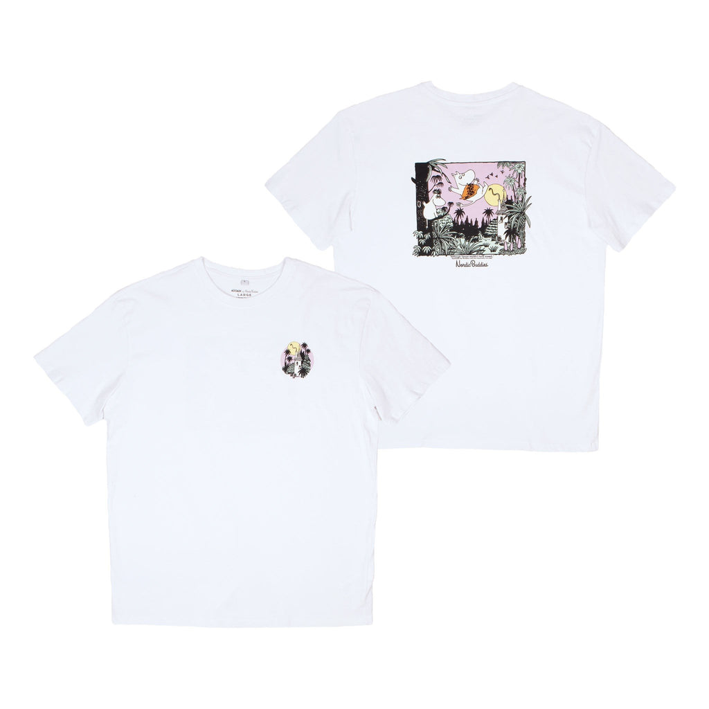 5. Front and back view of white Moomintroll Jungle unisex t-shirt with colorful graphics
