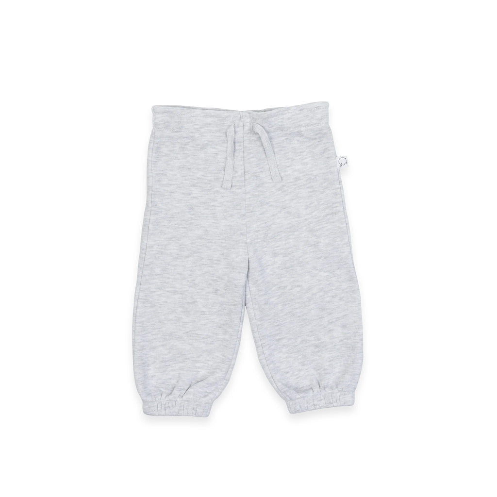 3. Front view of grey Moomintroll kids college pants with decorative drawstring, shown on white background