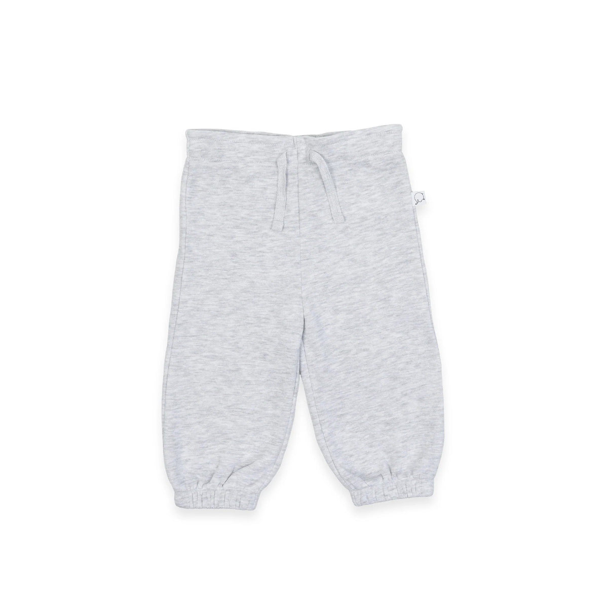 3. Front view of grey Moomintroll kids college pants with decorative drawstring, shown on white background