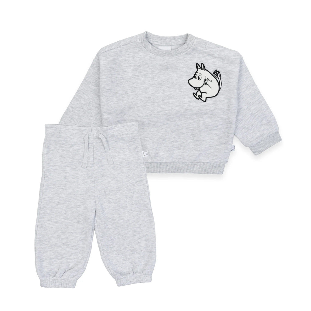 2. Grey Moomintroll kids college set including shirt and pants with cartoon character, shown on white background