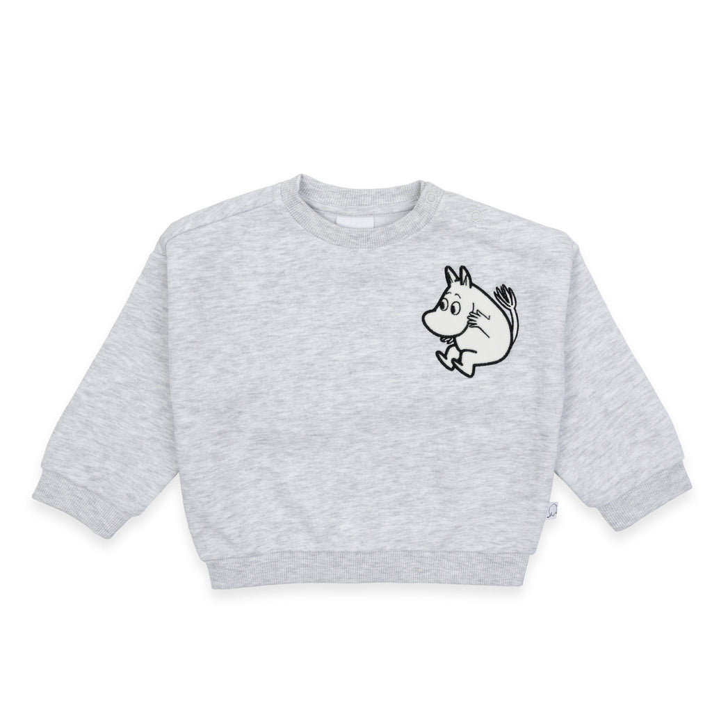 2. Grey Moomintroll kids college shirt with cartoon character on chest, shown on white background