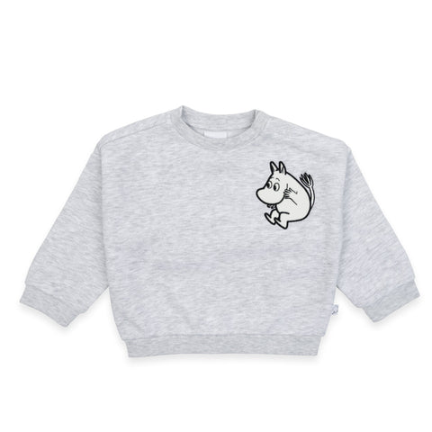 2. Grey Moomintroll kids college shirt with cartoon character on chest, shown on white background