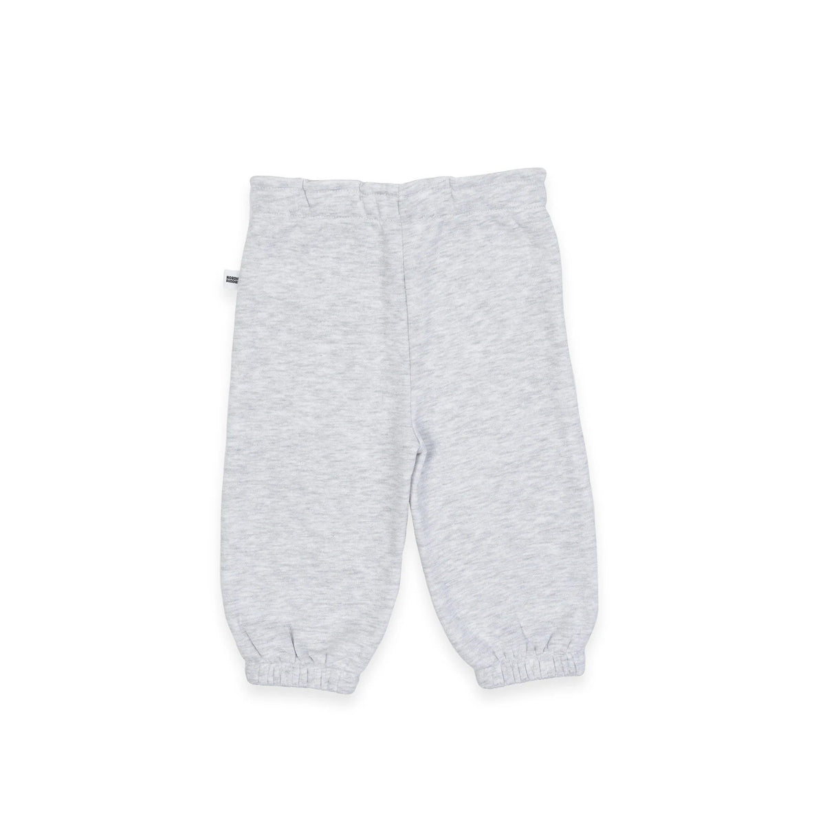3. Back view of grey Moomintroll kids college pants with elastic cuffs, shown on white background