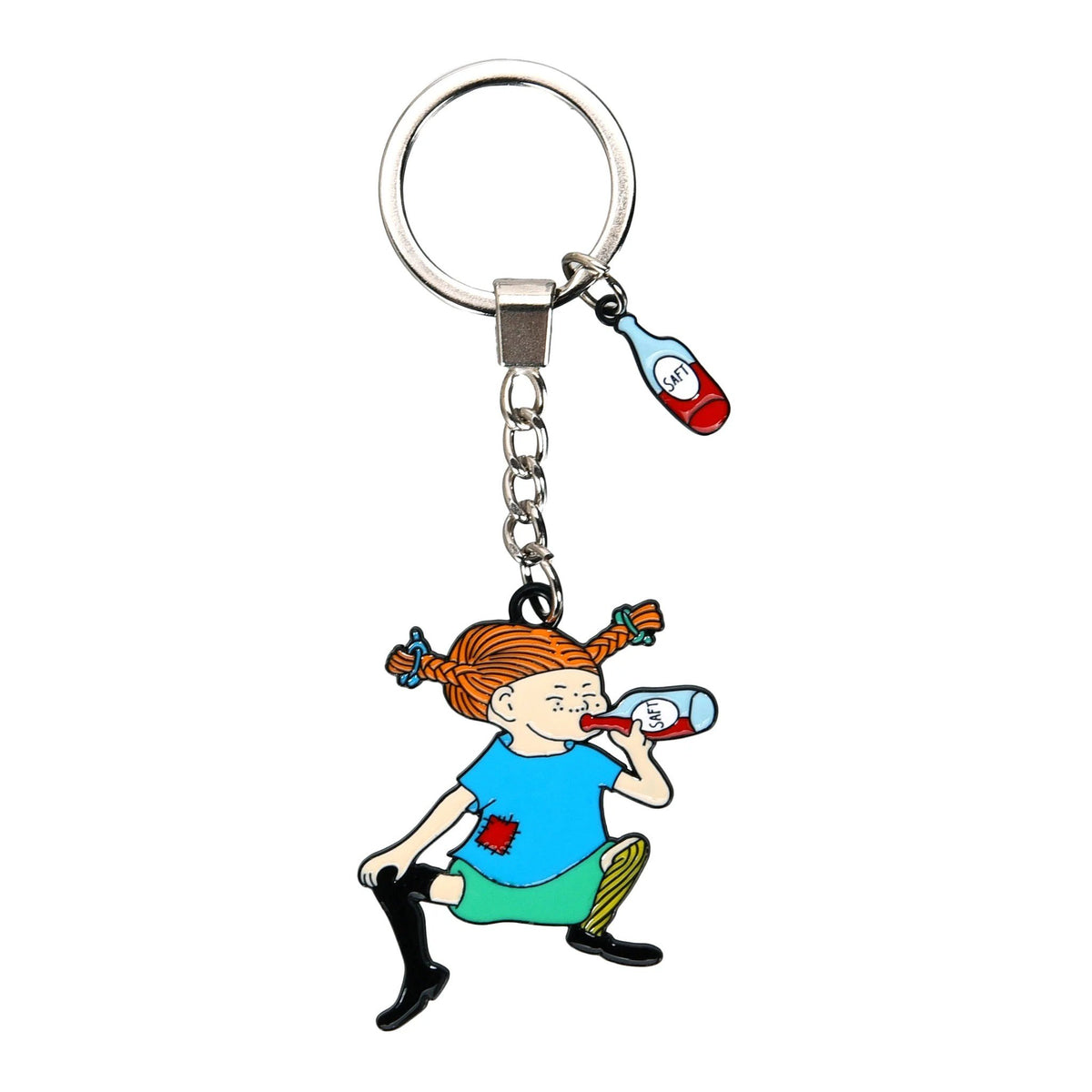 1. Pippi Longstocking metal key ring by Moomin NordicBuddies, featuring double-sided design with Pippi drinking saft, compact size 4-6 cm, perfect for keys or bags