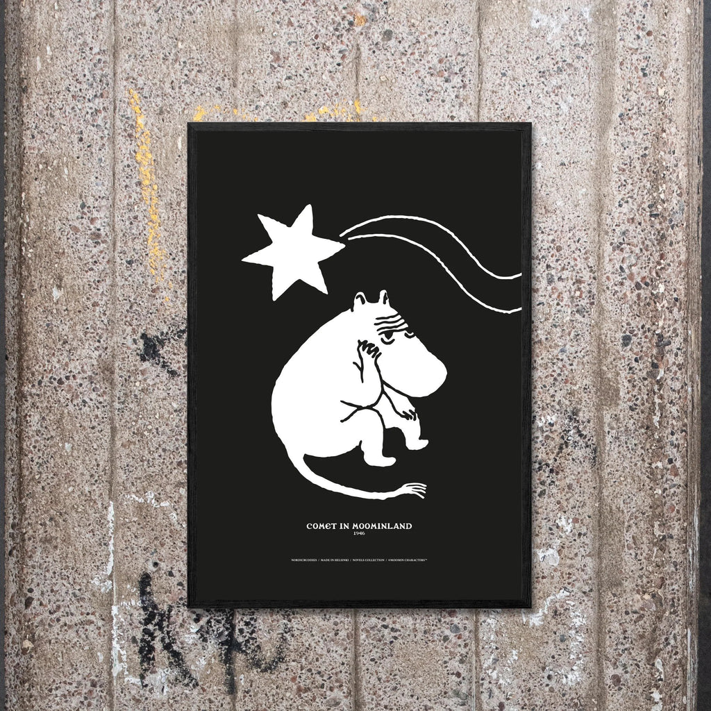 1. Moomintroll Novels Poster by NordicBuddies displayed on a textured wall, featuring Comet in Moominland design, 30x40 cm