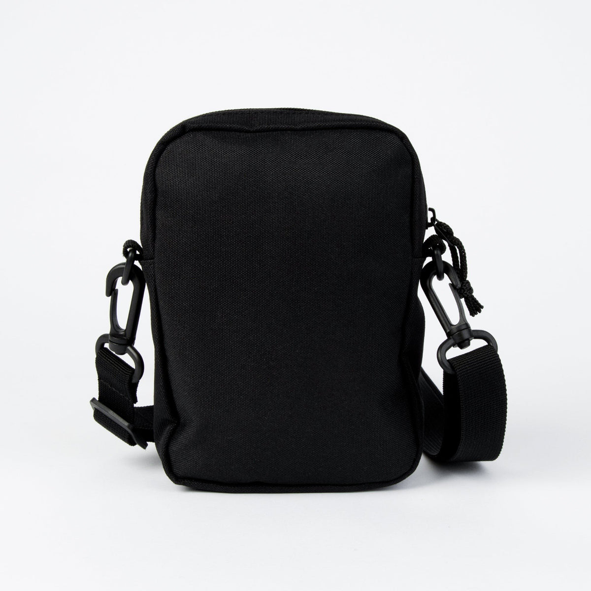 3. Back view of black Moomin by NordicBuddies cross body bag with adjustable strap on white background