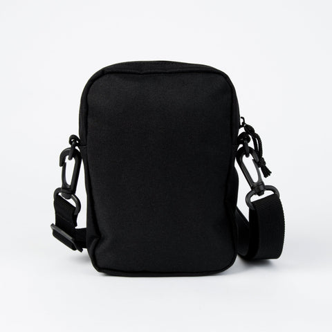 3. Back view of black Moomin by NordicBuddies cross body bag with adjustable strap on white background