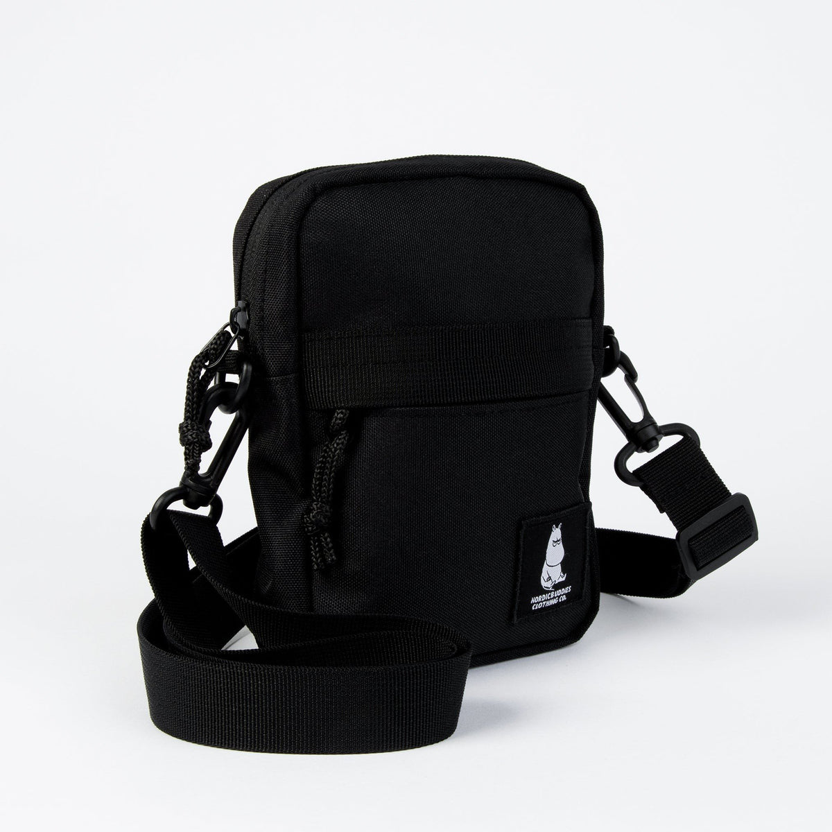 4. Black Moomin by NordicBuddies cross body bag angled view showing side strap and Moomin logo on white background
