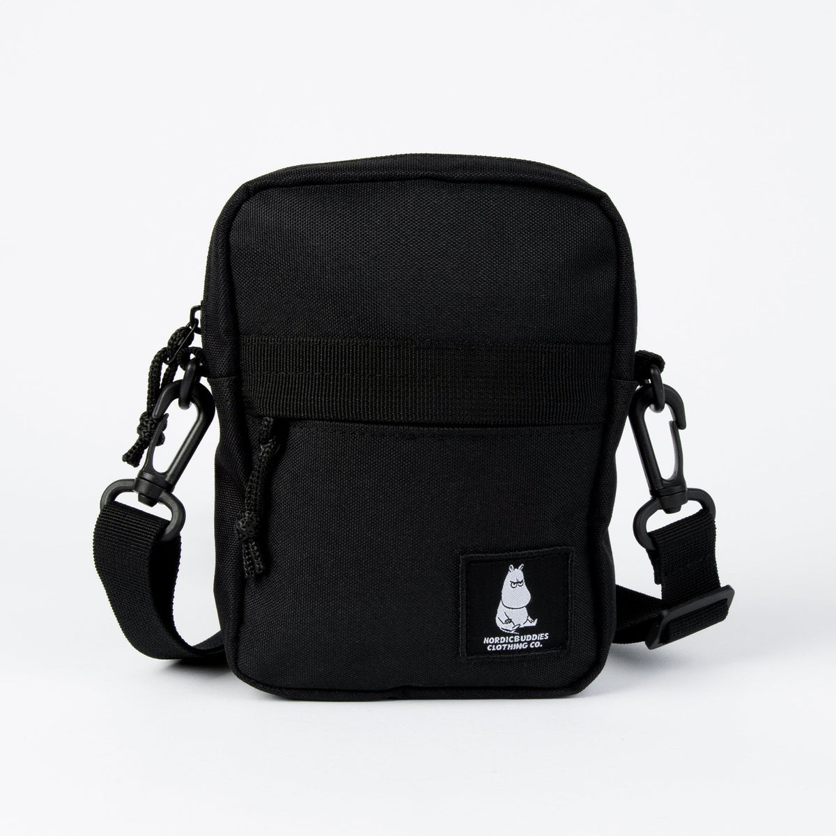 2. Black Moomin by NordicBuddies cross body bag with front pocket and Moomin logo on white background