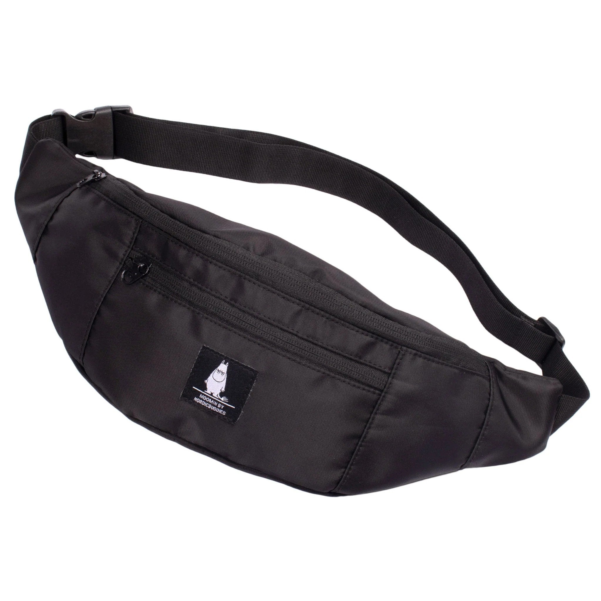 1. Moomin by NordicBuddies black Moomintroll waist bag with adjustable strap and front zipper pocket, studio shot