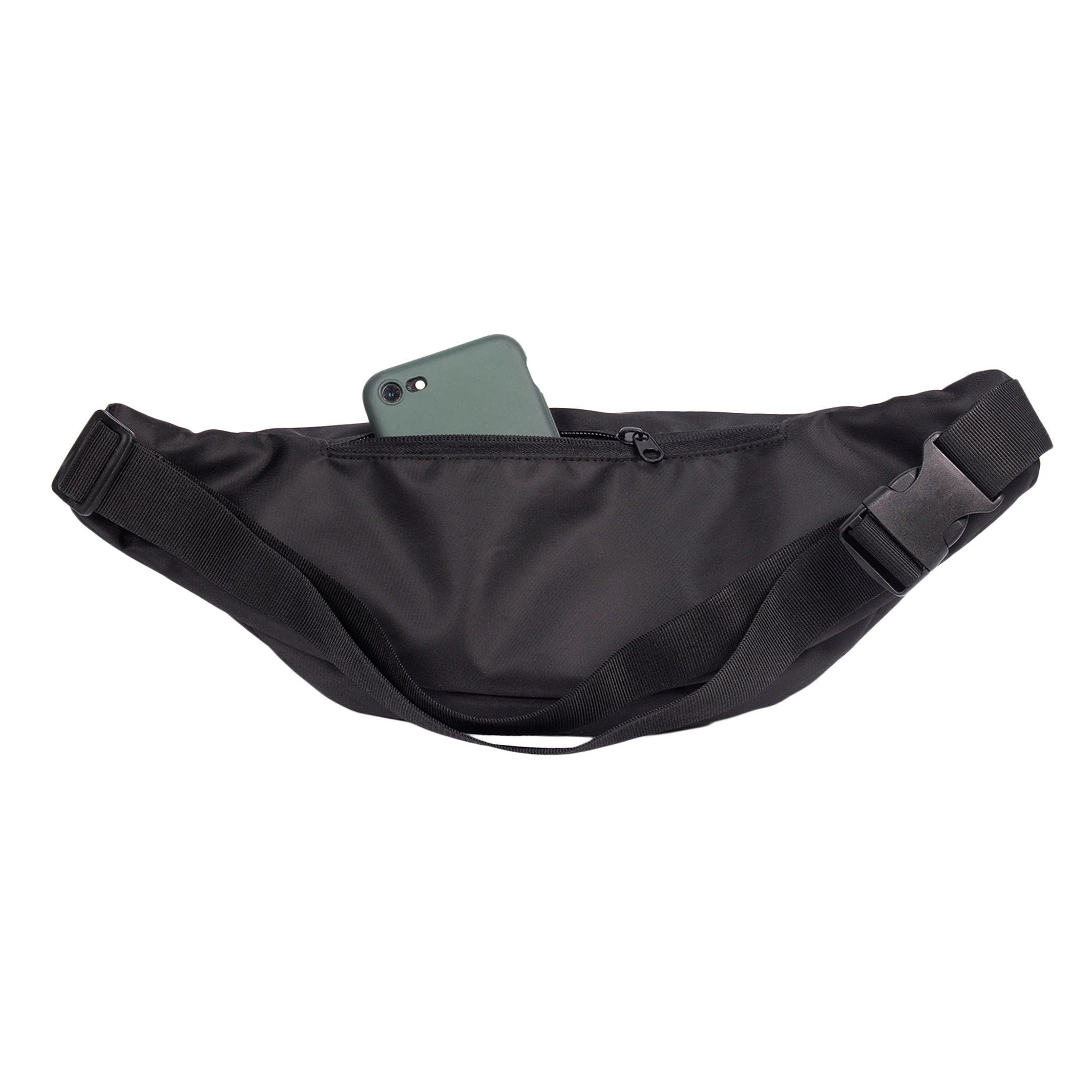 3. Back view of Moomin by NordicBuddies black waist bag with phone in rear zipper pocket