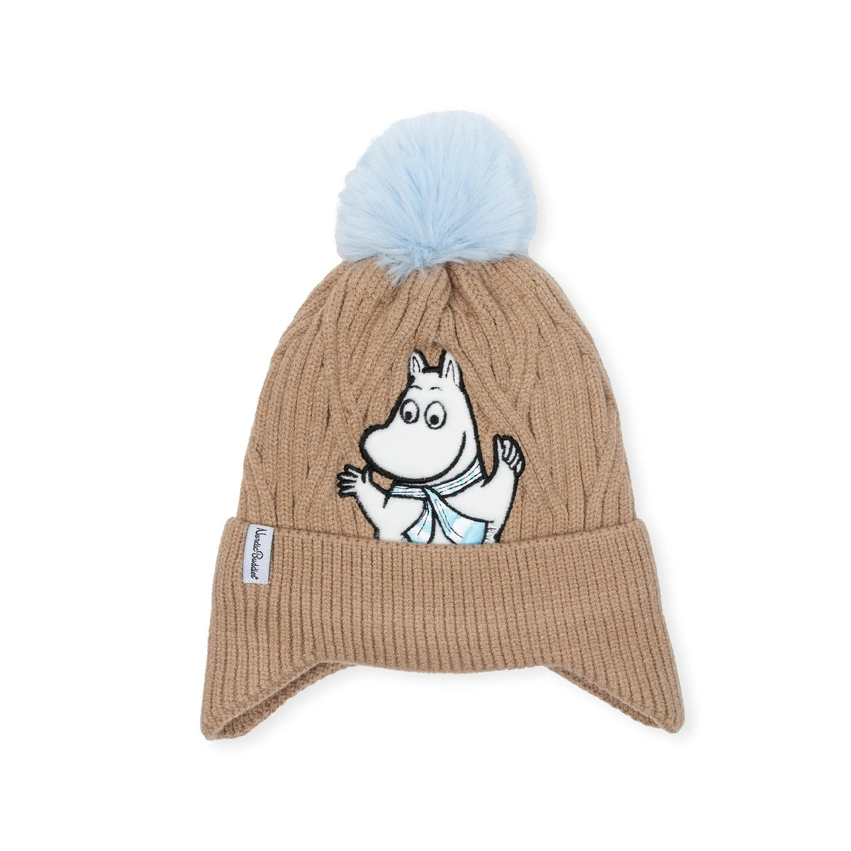 4. Flat lay of brown Moomintroll winter beanie with blue pom-pom and Moomintroll character, on white background