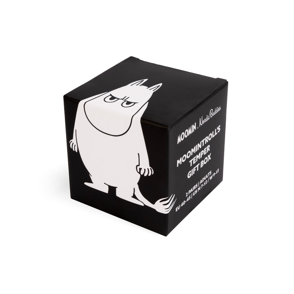 2. Black Moomin by NordicBuddies gift box featuring white Moomintroll illustration and product details